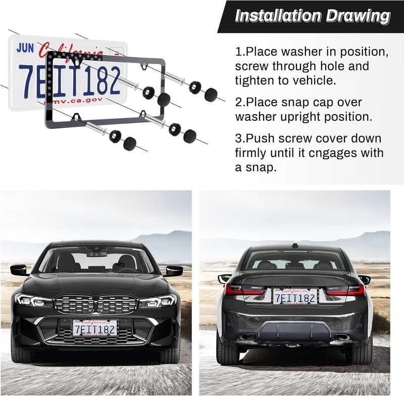 alpmosn 2PCS Stainless Steel License Plate Frames, 4 Holes Car Licence Plate Covers with Screws Washers and Caps, Car Exterior Accessories, License Plate Holder for US Vehicles (Black Flag) - Image 4
